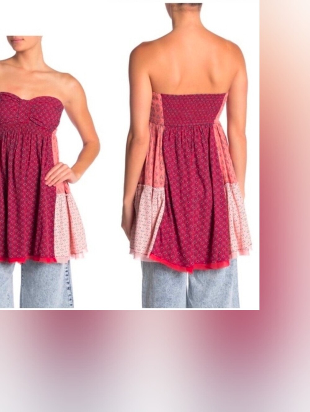 Free People "Across the Sea" Strapless Red Patchwork Tunic Size XS